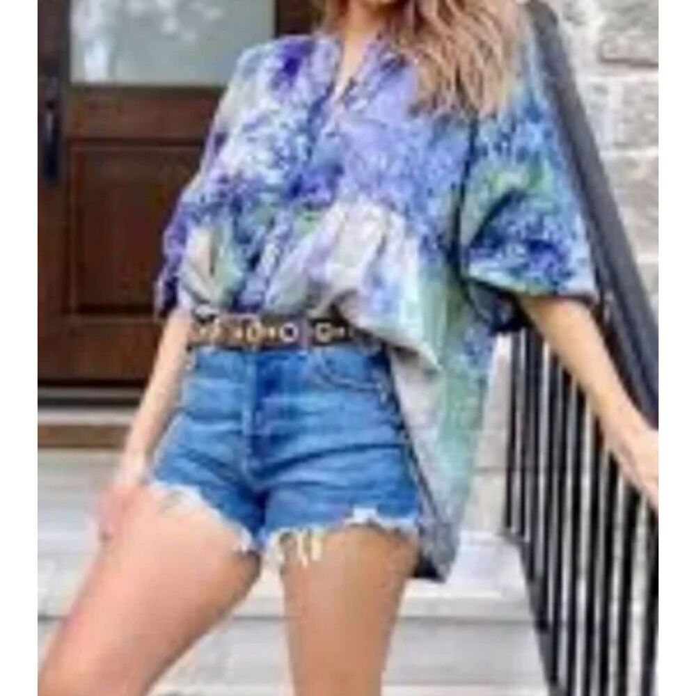 NEW CAbi Top Size Medium Blue Green Tie Dye Boho‎ Woodstock Festival $109